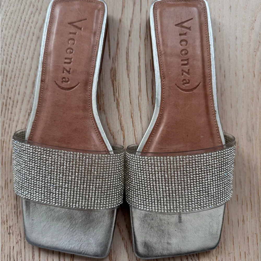 Vicenza Rhinestone Slide Sandals | Silver Leather | Size 8 - Picture 2 of 5